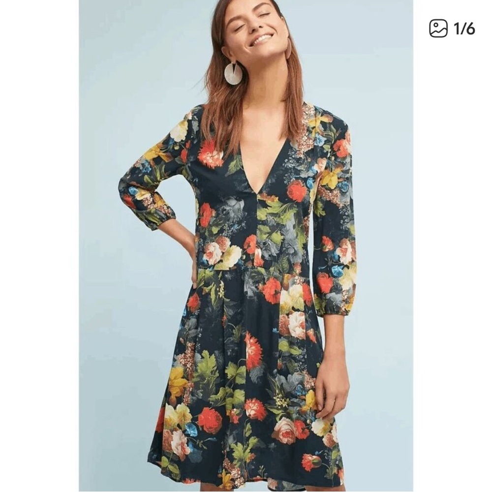 Anthropologie The Odells Floral 3/4 Sleeve Swing Mini Dress Festival Fall Sz XSP